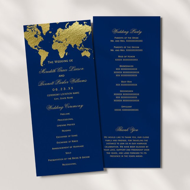 Elegant Navy and Gold World Map Wedding Ceremony Programme (Creator Uploaded)