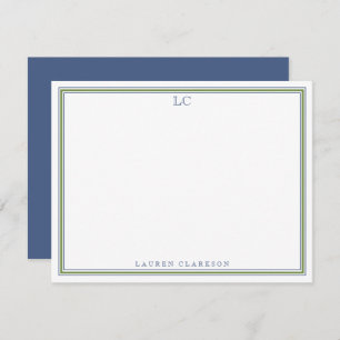 Elegant Navy and Green Border Monogram note card