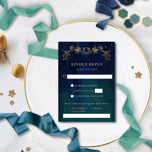 Elegant Navy and Green Celestial RSVP with Meals Card