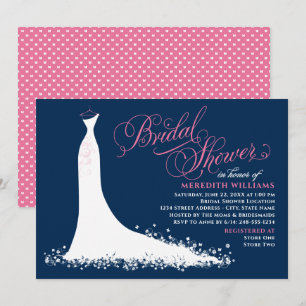 Elegant Navy and Pink Wedding Gown Bridal Shower Invitation