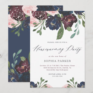 Elegant Navy and Plum Floral   Housewarming Party Invitation