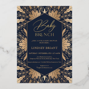 Elegant navy and real gold foil script baby brunch