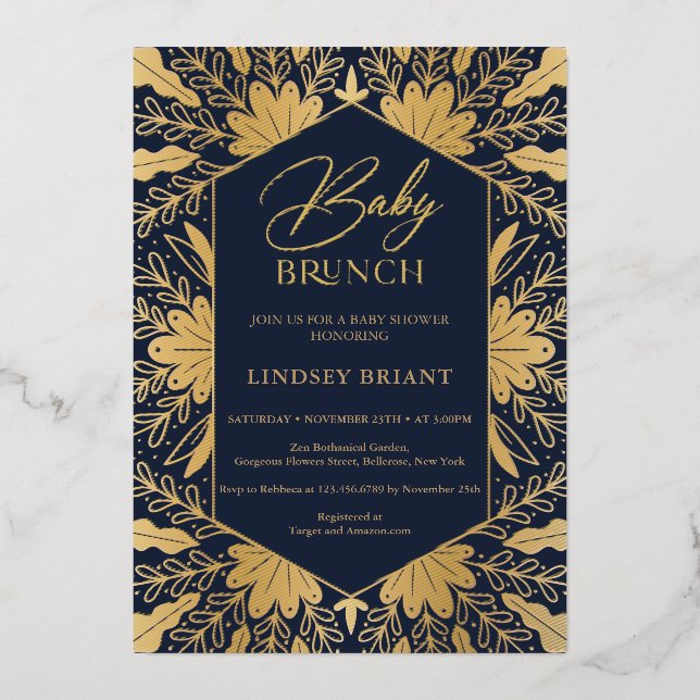 Elegant navy and real gold foil script baby brunch (Front)