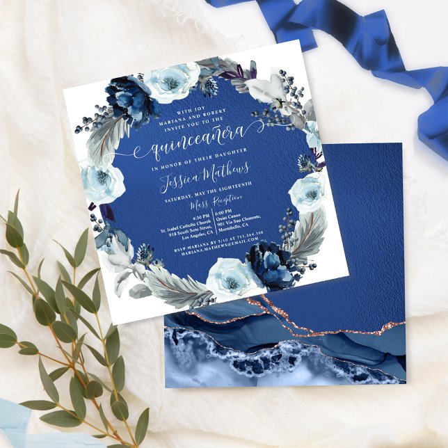 Elegant Navy and Royal Blue Quinceañera, Floral  Invitation (Creator Uploaded)