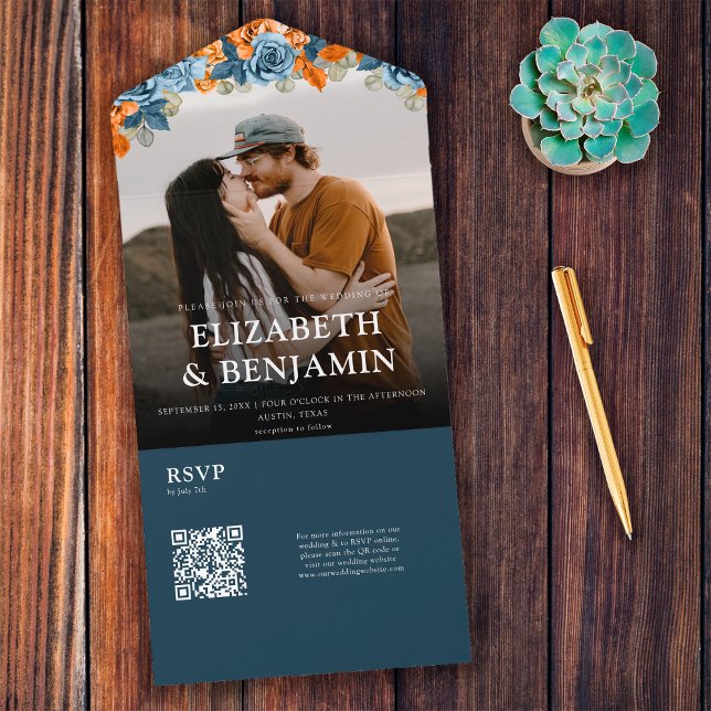 Elegant Navy And Rust QR Code RSVP Wedding All In One Invitation (Creator Uploaded)