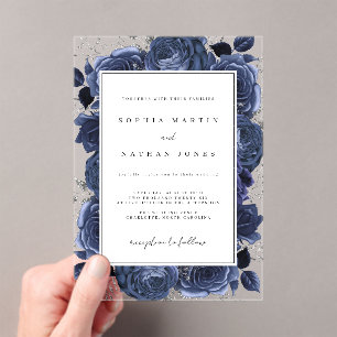 Elegant Navy And Silver Rose Clear Wedding Acrylic Invitations