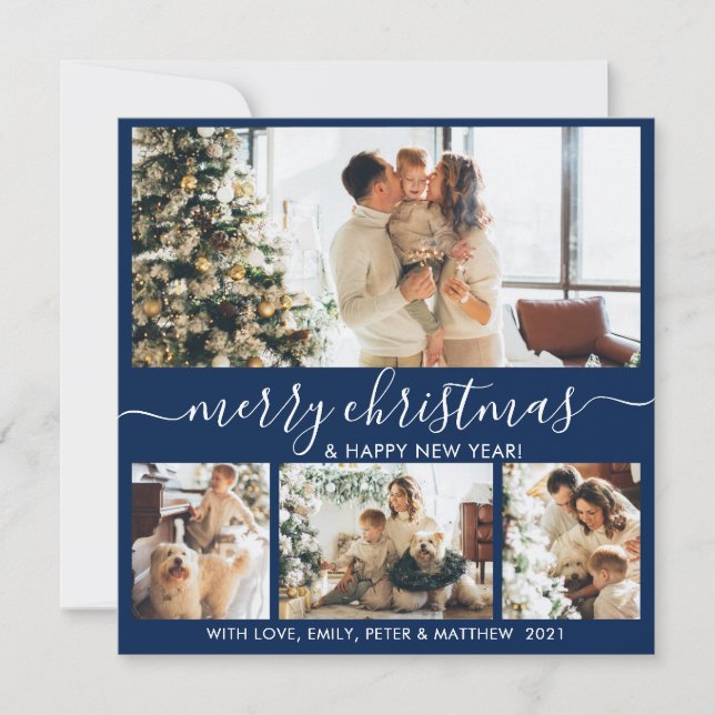 Elegant Navy and White 4 Photo Collage Christmas Holiday Card (Front)