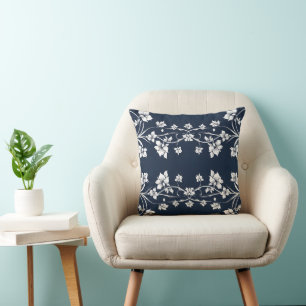 Elegant Navy and White Chinoiserie Floral Damask  Cushion