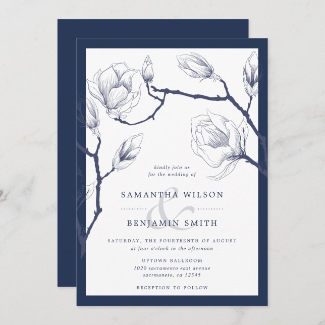 Elegant Navy And White Floral Wedding Invitation (Front/Back)