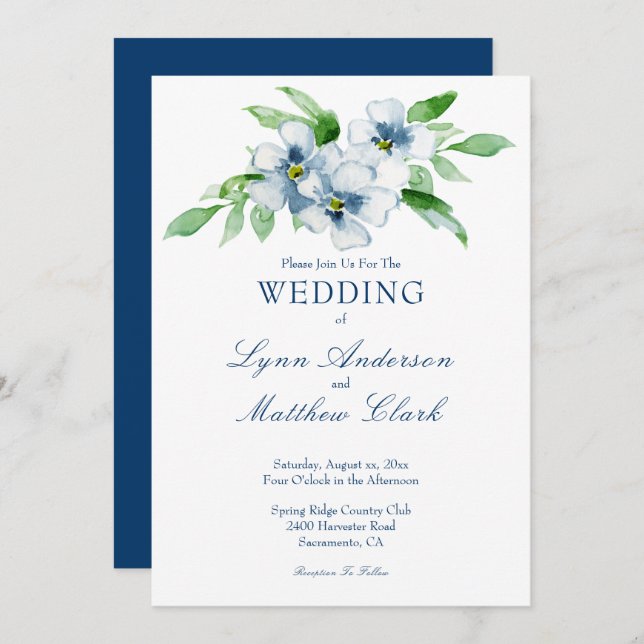 Elegant Navy and White Floral Wedding Invitation (Front/Back)