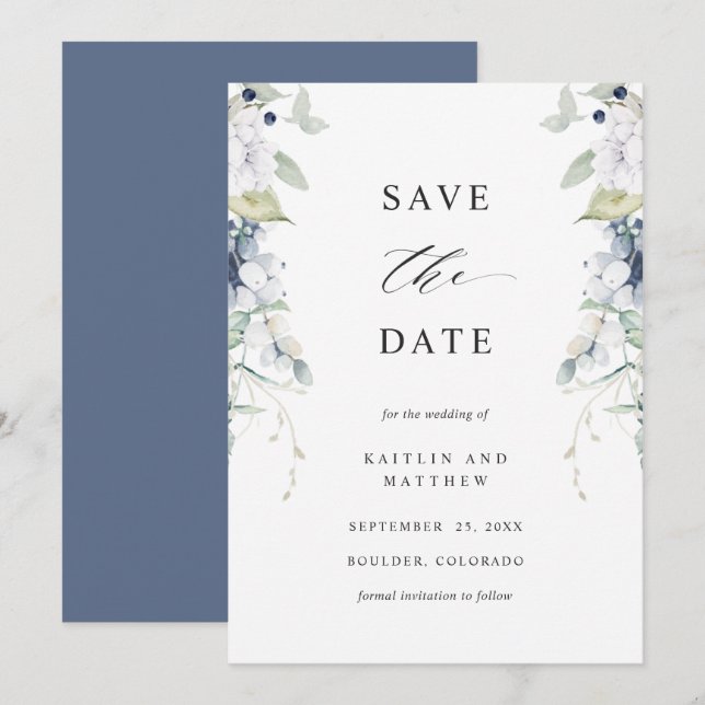 Elegant Navy and White Floral Wedding Save The Date (Front/Back)