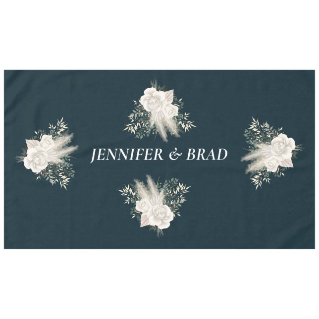 Elegant Navy and White Flowers Wedding Tablecloth (Front (Horizontal))