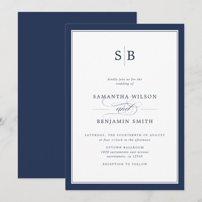 Elegant Navy And White Monogram Wedding Invitation (Front/Back)