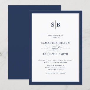 Elegant Navy And White Monogram Wedding Invitation