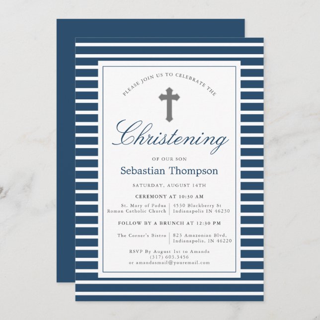Elegant Navy and White Stripes Christening Invitation (Front/Back)