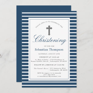Elegant Navy and White Stripes Christening Invitation