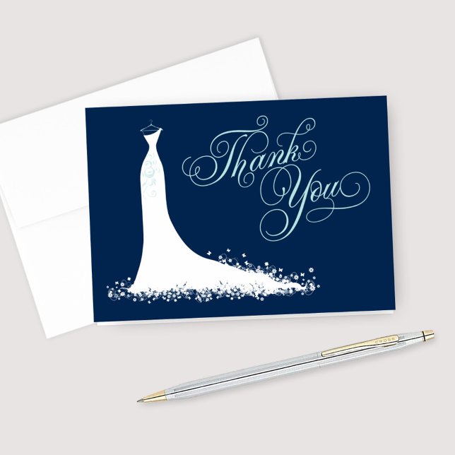 Elegant Navy Aqua Wedding Gown Bridal Shower Thank You Card (Creator Uploaded)
