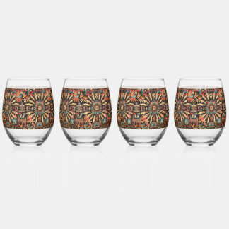 Elegant Navy "Aztec Dream" Stemless Wine Glass Set