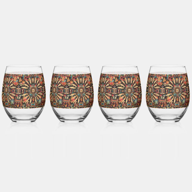 Elegant Navy "Aztec Dream" Stemless Wine Glass Set (Front)