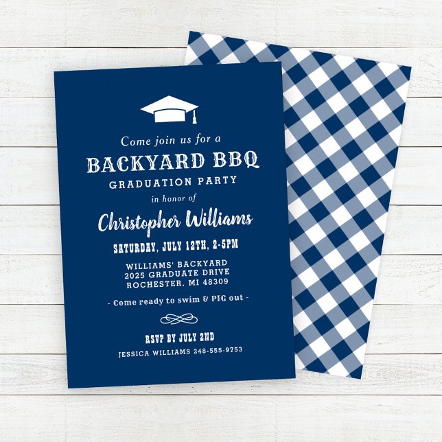 Elegant Navy Backyard BBQ Graduation Party Invitation (Creator Uploaded)