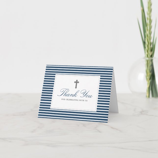 Elegant Navy Baptism Photo Folded Thank You Card (Front)