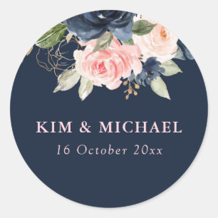 Elegant navy blossom pink floral wedding sticker