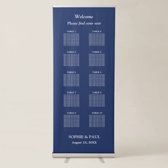 Elegant Navy Blue 10 Table Wedding Seating Chart Retractable Banner (Front)