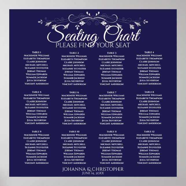 Elegant Navy Blue 12 Table Wedding Seating Chart (Front)