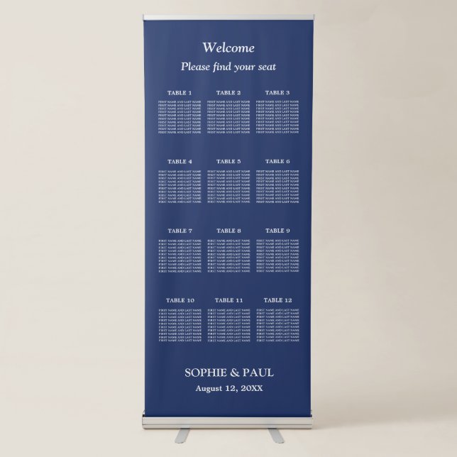 Elegant Navy Blue 12 Table Wedding Seating Chart Retractable Banner (Front)