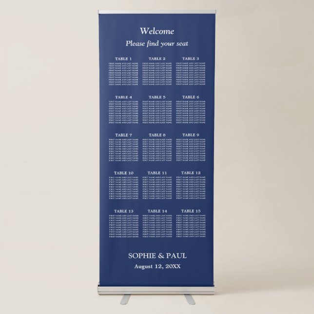 Elegant Navy Blue 15 Table Wedding Seating Chart Retractable Banner (Front)