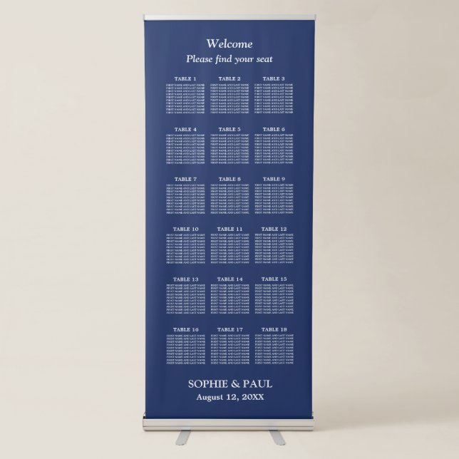 Elegant Navy Blue 18 Table Wedding Seating Chart Retractable Banner (Front)