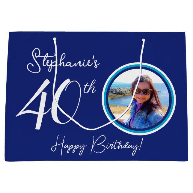 Elegant Navy Blue 40th Birthday Photo Large Gift Bag (Front)
