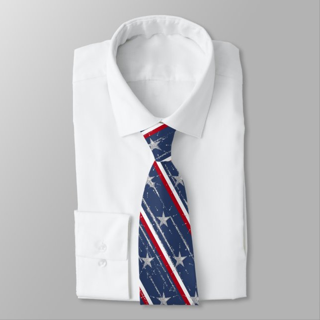 Elegant Navy Blue 4th of July Star Spangled Tie (Tied)