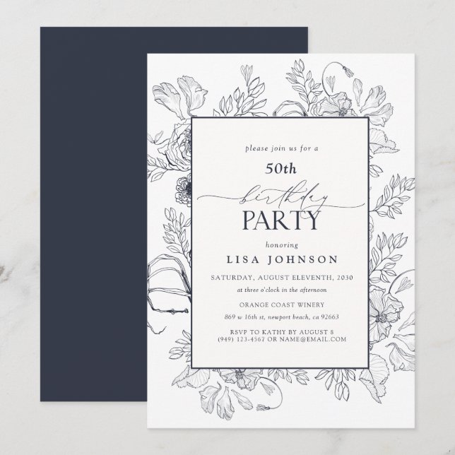 Elegant Navy Blue 50th Birthday Floral  Invitation (Front/Back)