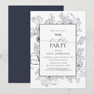 Elegant Navy Blue 50th Birthday Floral  Invitation