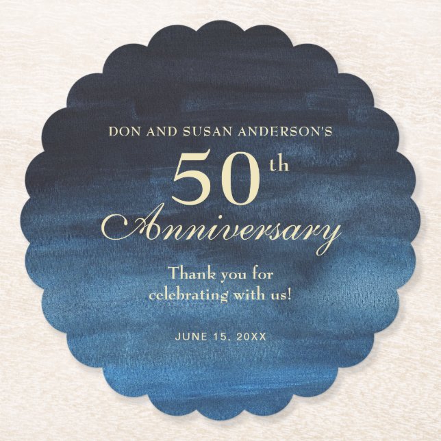 Elegant Navy Blue 50th Wedding Anniversary Paper Coaster (Front)