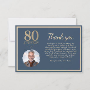 Elegant Navy Blue 80 & Legendary Birthday Photo Thank You Card