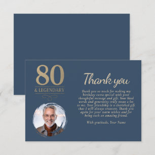 Elegant Navy Blue 80 & Legendary Birthday Photo Thank You Card