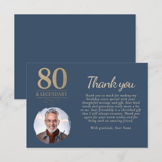 Elegant Navy Blue 80 & Legendary Birthday Photo Thank You Card (Front/Back)