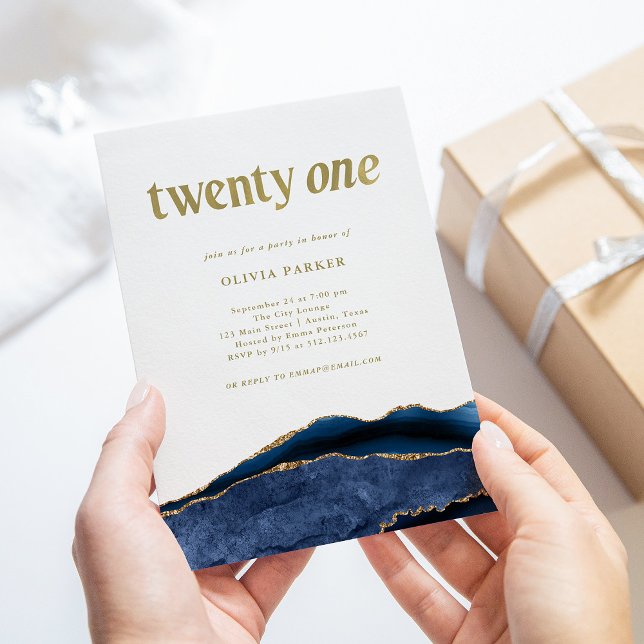 Elegant Navy Blue Agate and Gold | 21st Birthday Invitation (Creator Uploaded)