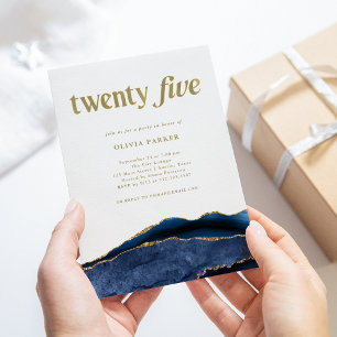 Elegant Navy Blue Agate and Gold   25th Birthday Invitation