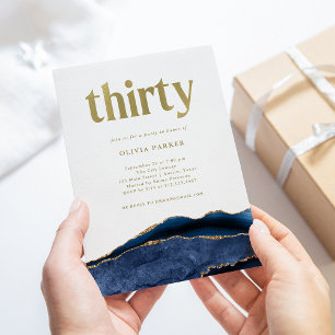 Elegant Navy Blue Agate and Gold 30th Birthday Invitation