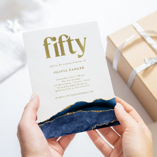 Elegant Navy Blue Agate and Gold 50th Birthday Invitation