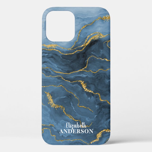 Elegant Navy Blue Agate Geode Marble Monogram Case-Mate iPhone Case (Back)