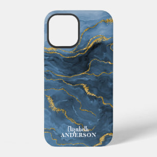 Elegant Navy Blue Agate Geode Marble Monogram iPhone 12 Case