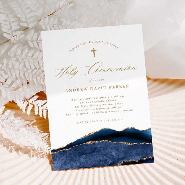 Elegant Navy Blue Agate Gold First Holy Communion Invitation (Creator Uploaded)