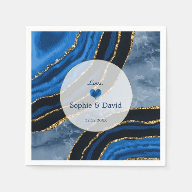 Elegant Navy Blue Agate Gold Marble Wedding Napkin (Front)
