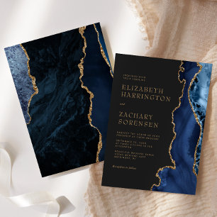 Elegant Navy Blue Agate Gold Wedding Invitation