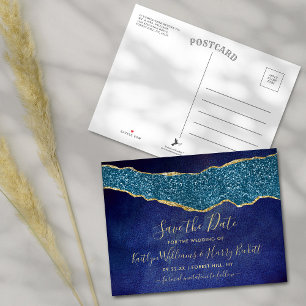 Elegant Navy Blue Agate Wedding Save The Date Announcement Postcard