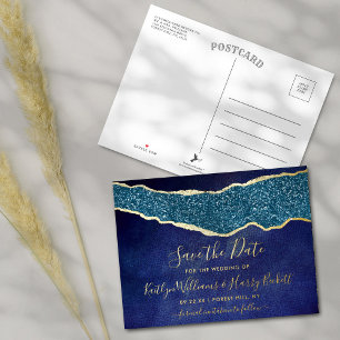 Elegant Navy Blue Agate Wedding Save The Date Real Foil Invitation Postcard